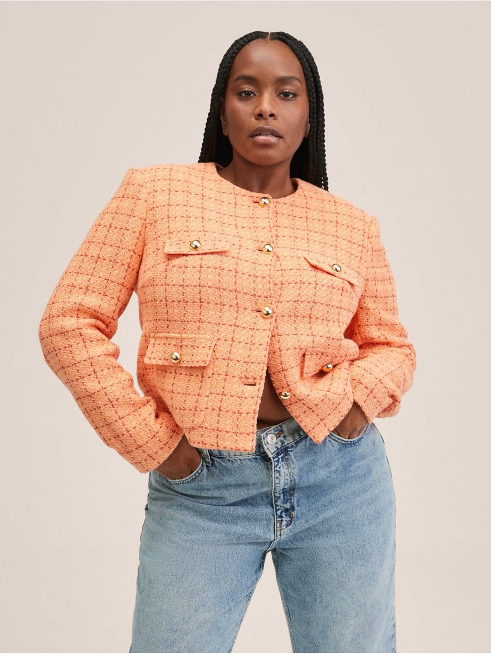 MNG Mango Coral Tweed Cropped Jacket Gold Button Textured Blazer Size M ✨
